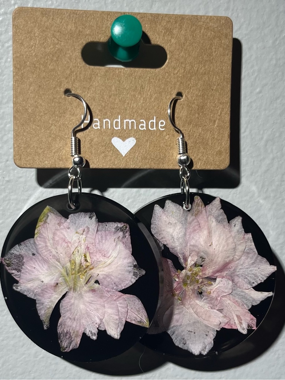 Handmade Pink Floral Resin Drop Earrings on Black Discs